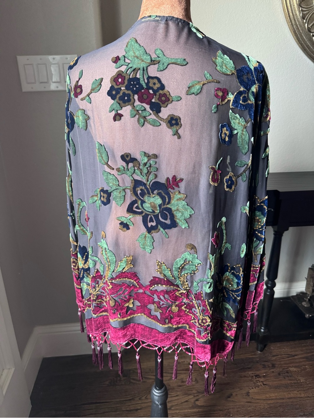 R&K Evening Silk Burnout Velvet Beaded Kimono Duster Jacket S/M Vintage - Picture 7 of 16